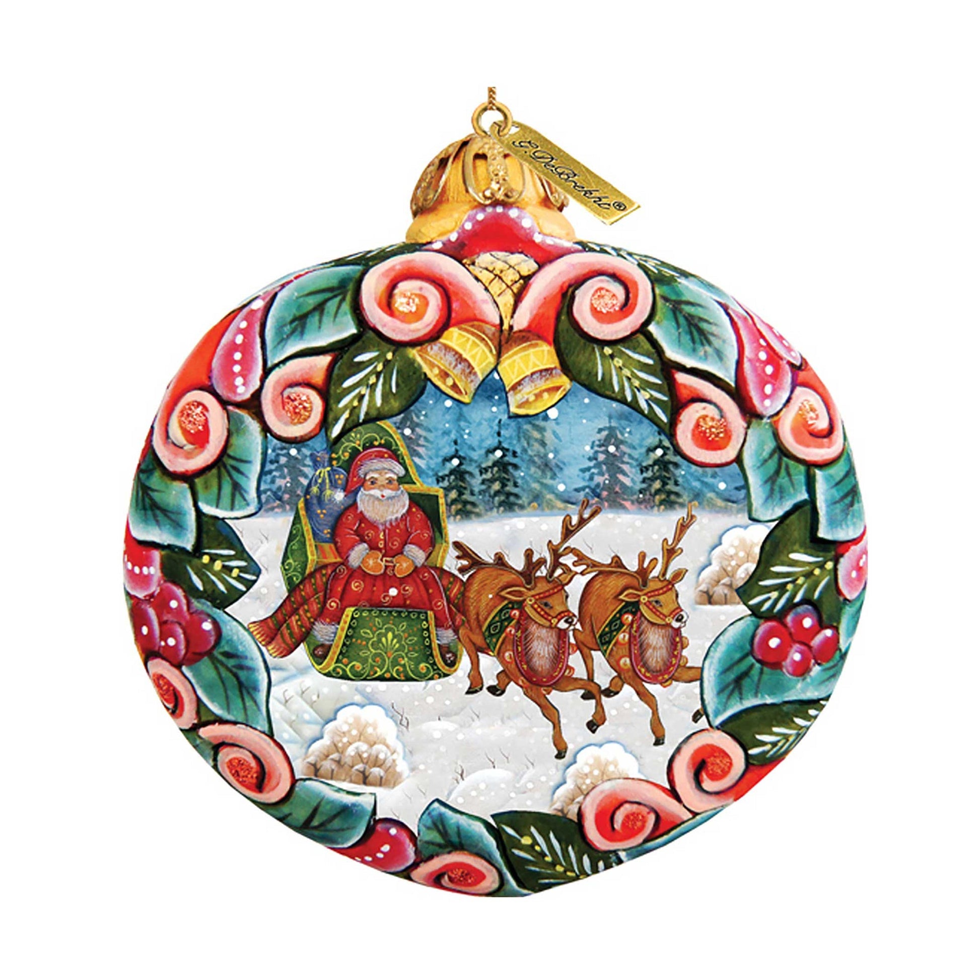 Sleigh Ride Sculpted Hand-Painted Christmas Ornament by G. DeBrekht with Santa and reindeer scene on Tampa Home & Garden Store