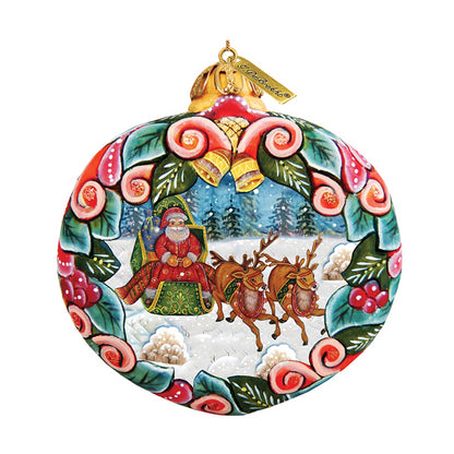 Sleigh Ride Sculpted Hand-Painted Christmas Ornament by G. DeBrekht with Santa and reindeer scene on Tampa Home & Garden Store