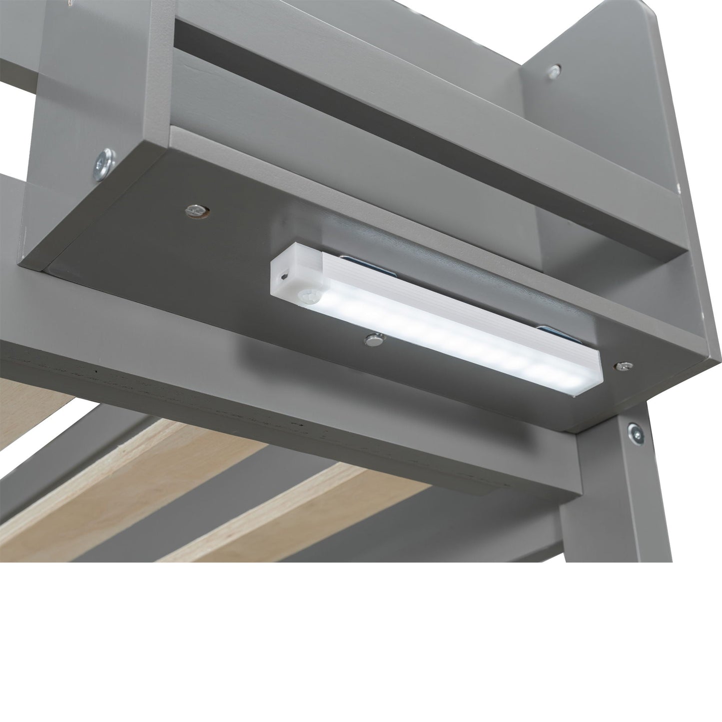Bunk bed frame gray metal with slim LED light bar and exposed wooden slats on Tampa Home & Garden Store