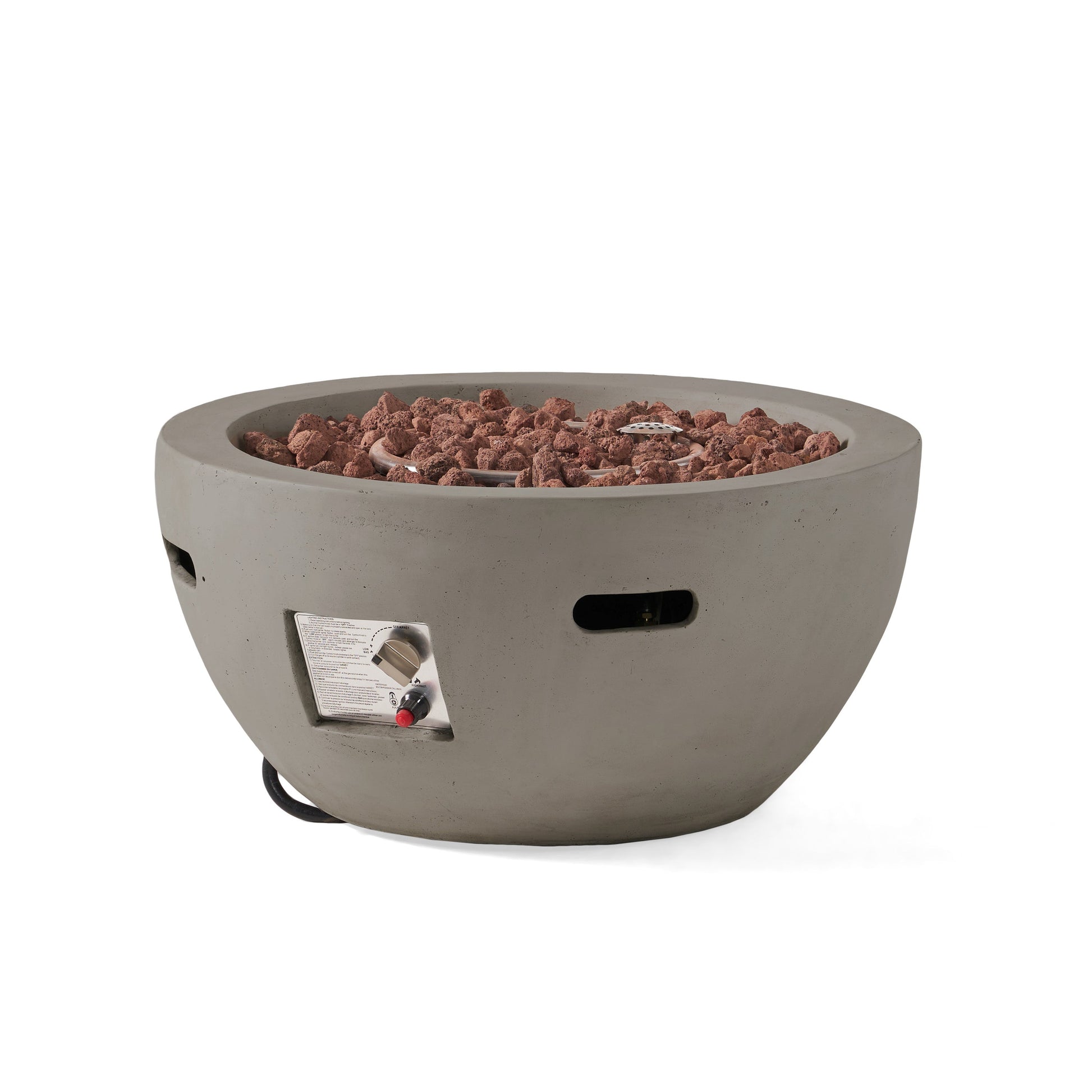 27in bowl-shaped MGO propane fire pit light grey with lava rocks and burner control HouseOfZazla on Tampa Home & Garden Store
