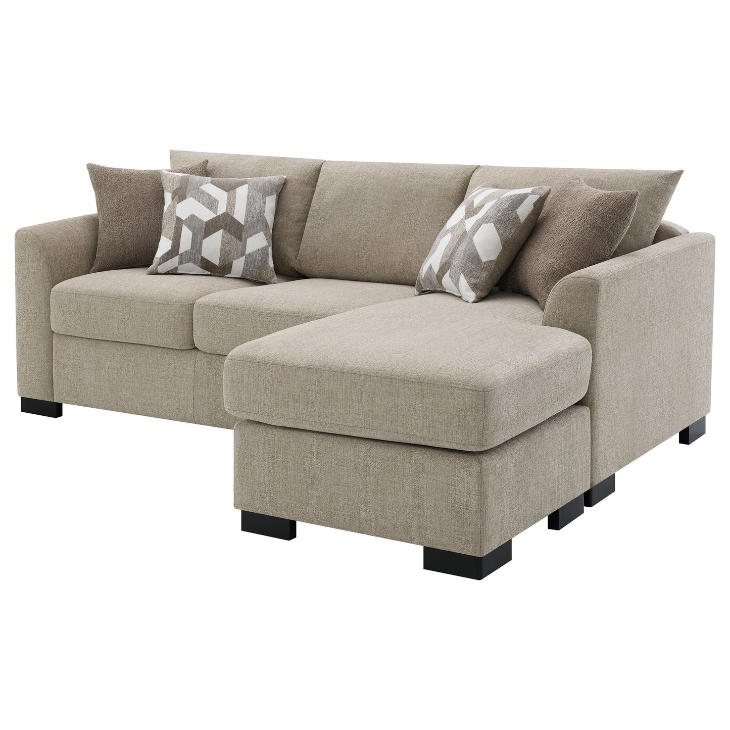 Pacheco sleeper sectional chaise sofa in beige textured fabric with black block legs and pillows on Tampa Home & Garden Store