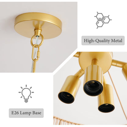 Handwoven Paper Rattan Boho Chandelier with 7-Light E26 Base; gold canopy and rings on Tampa Home & Garden Store