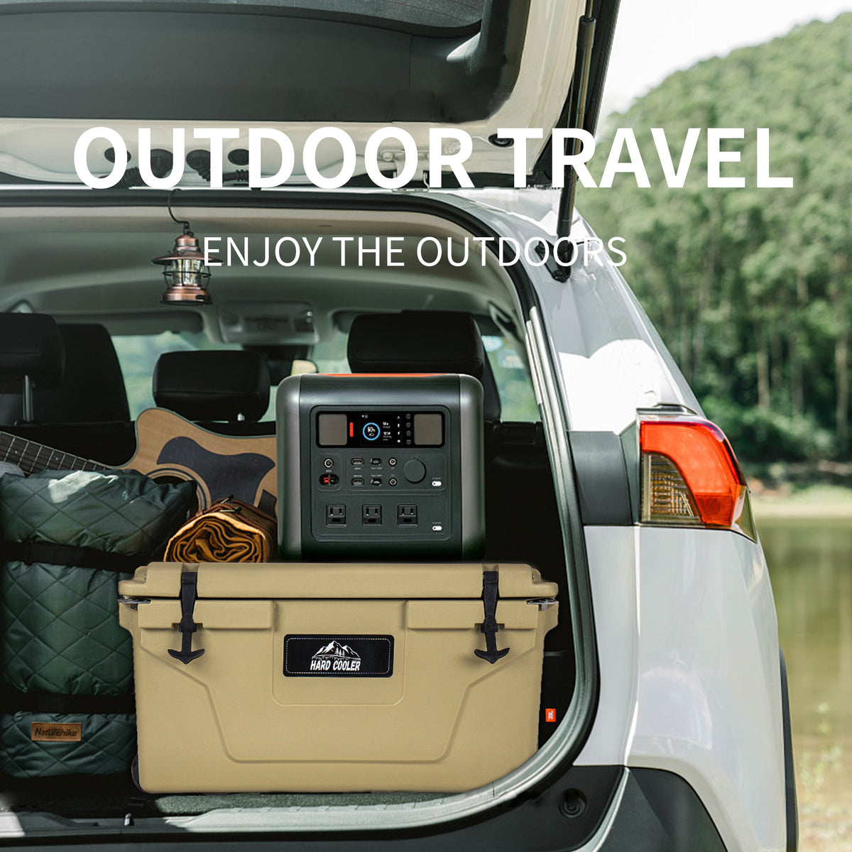 Khaki 65QT Ice Cooler Box hard cooler in SUV cargo area with tan case and Hard Cooler label on Tampa Home & Garden Store