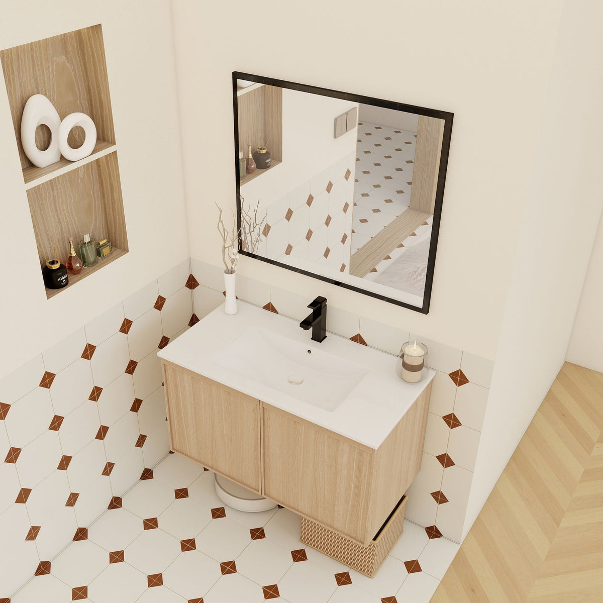Floating vanity with sink in light brown wood, soft-close doors, black faucet, mirror on Tampa Home & Garden Store