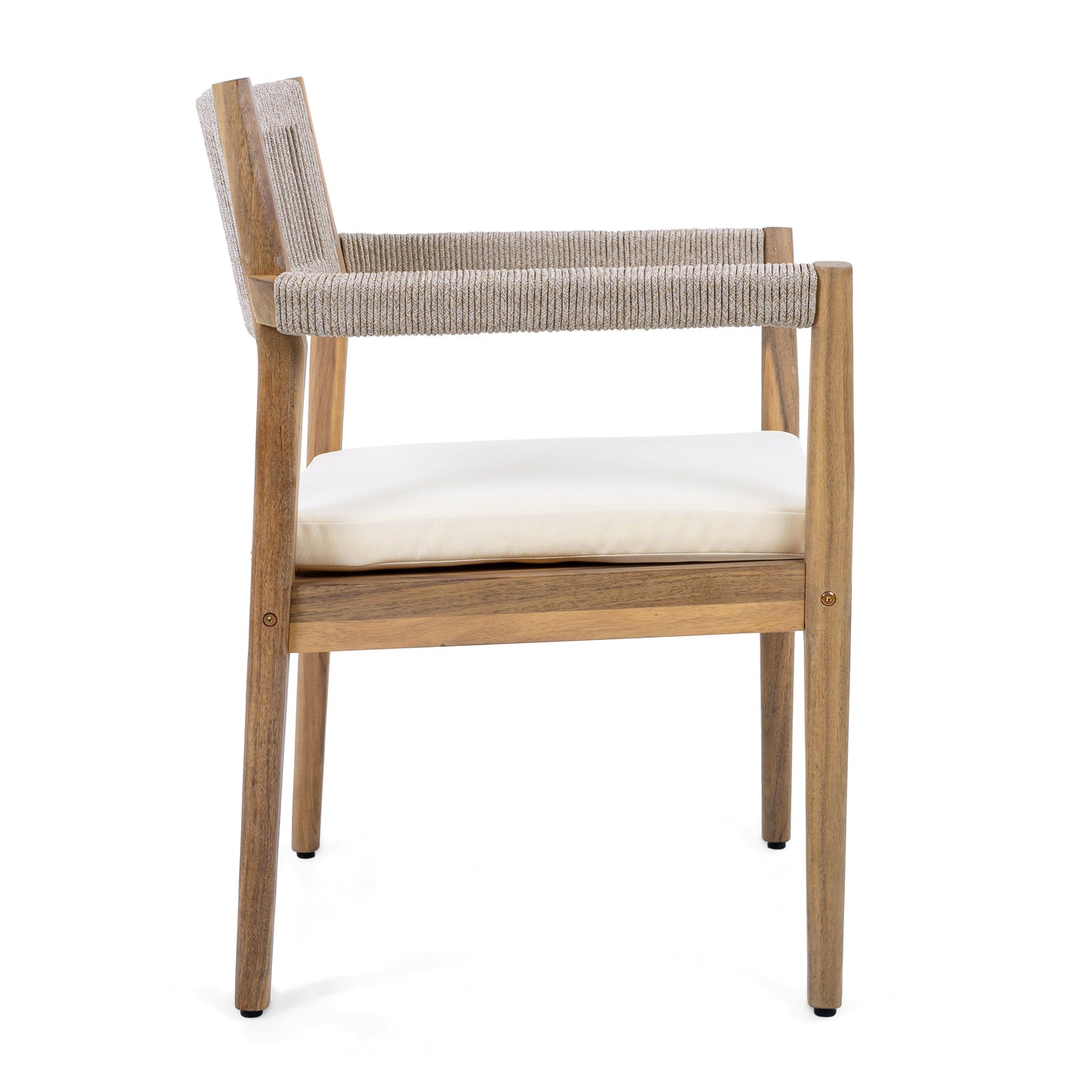 Braided acacia wood outdoor dining chair with teak-look finish and cream cushion on Tampa Home & Garden Store