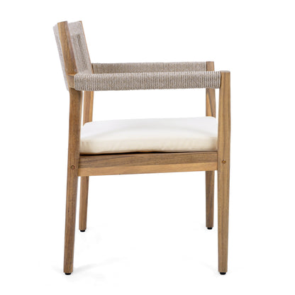 Braided acacia wood outdoor dining chair with teak-look finish and cream cushion on Tampa Home & Garden Store