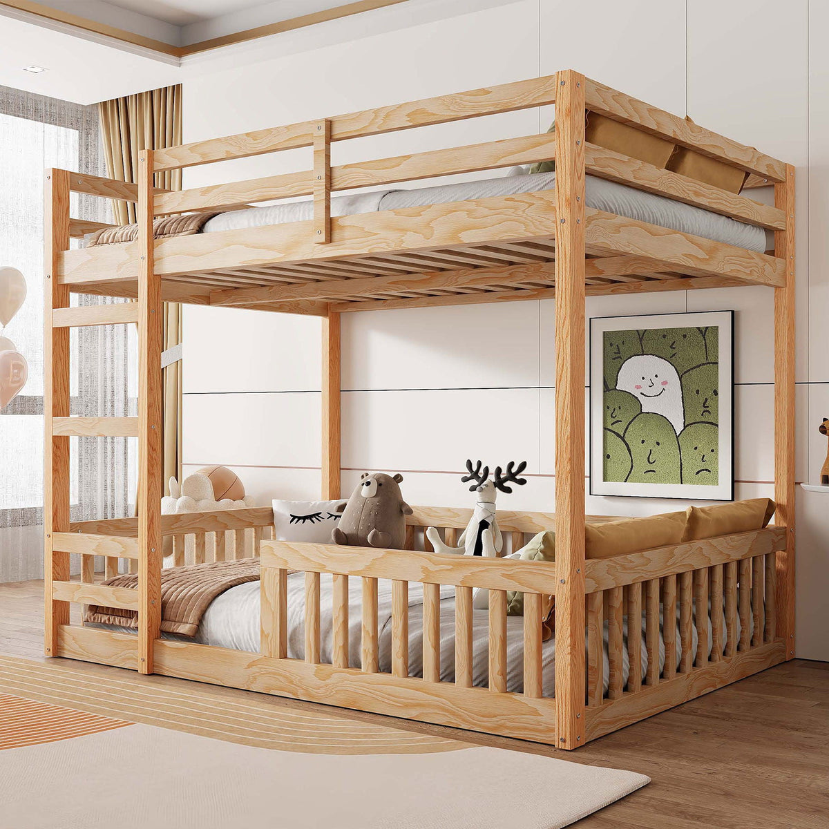 Stylish bunk bed with ladder and guardrails by HouseOfZazla natural pine on Tampa Home & Garden Store