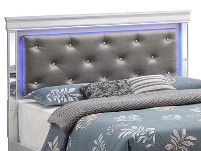 Bed with LED lit tufted gray upholstered headboard and mirrored frame by HouseOfZazla on Tampa Home & Garden Store