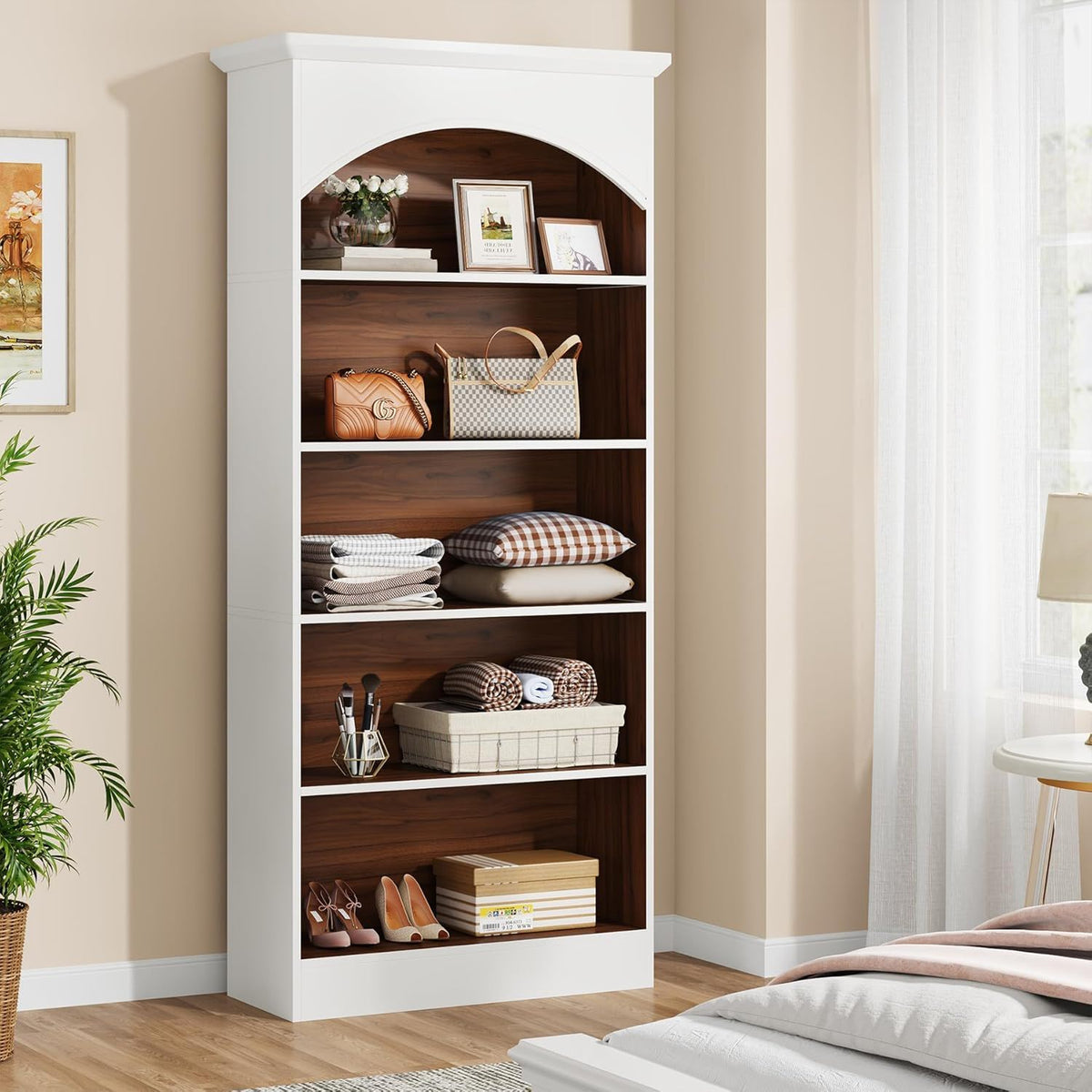 5-Tier Library Bookcase White Waterproof Melamine with wood interior shelves HouseOfZazla on Tampa Home & Garden Store