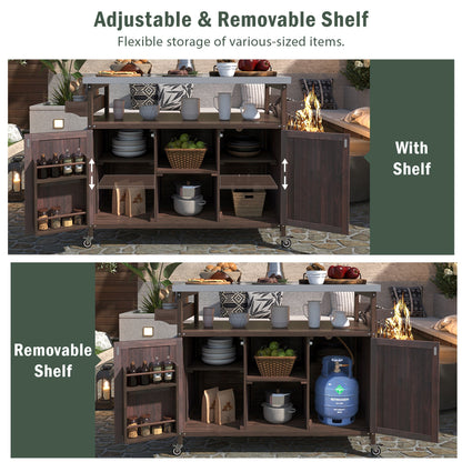 K&K Outdoor Kitchen Island with rolling bar cart and storage in dark wood by HouseOfZazla on Tampa Home & Garden Store