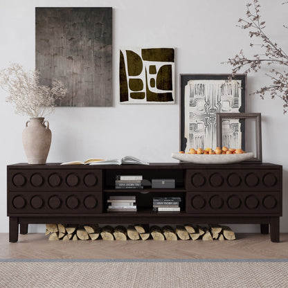 Media console dark wood with 4 drawers and shelf, geometric circular fronts decor on Tampa Home & Garden Store