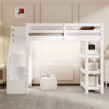 Loft Bed With Storage Staircase LED Light
