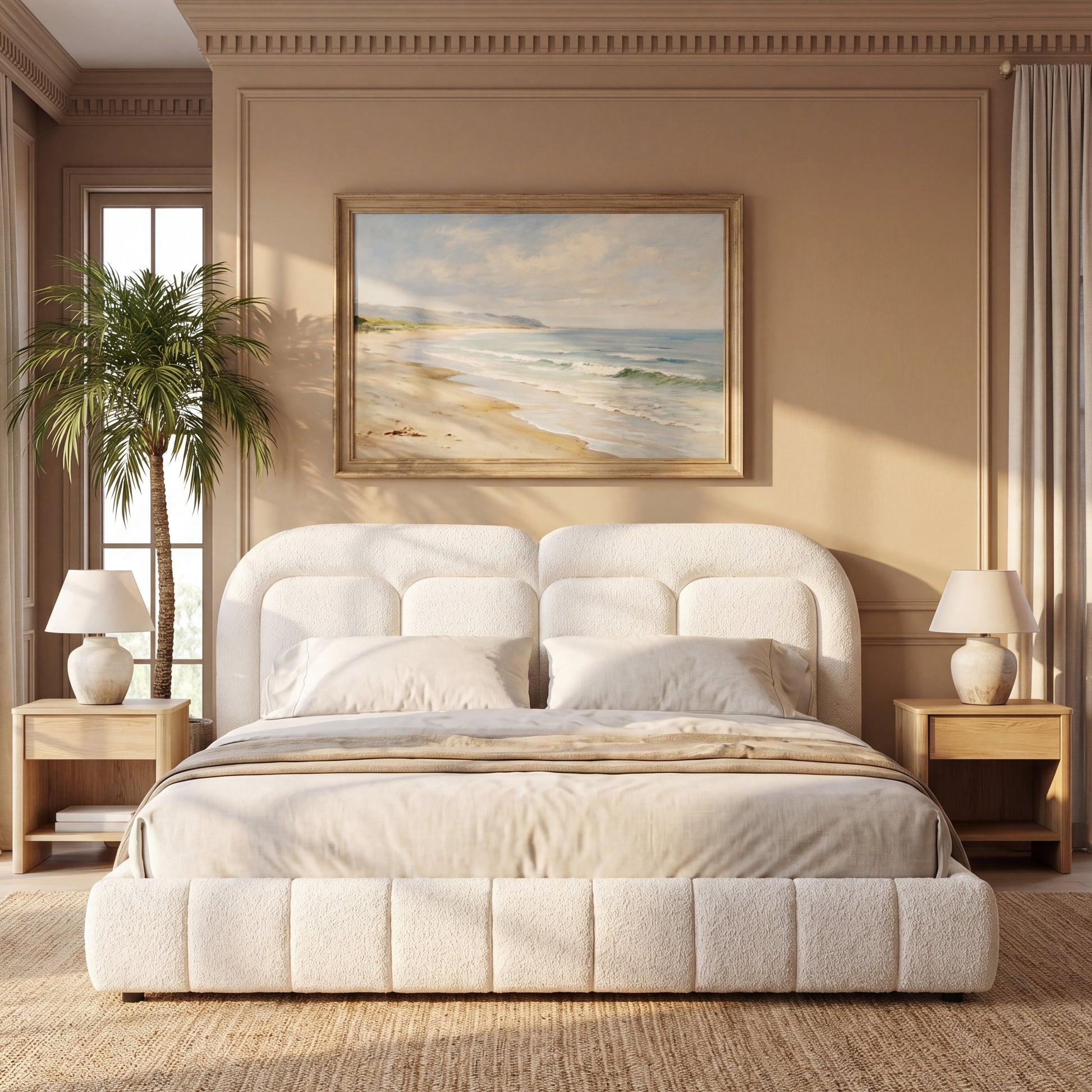 Queen Size Boucle Upholstered Platform Bed with Tufted Headboard in beige boucle on Tampa Home & Garden Store