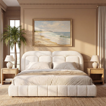 Queen Size Boucle Upholstered Platform Bed with Tufted Headboard in beige boucle on Tampa Home & Garden Store