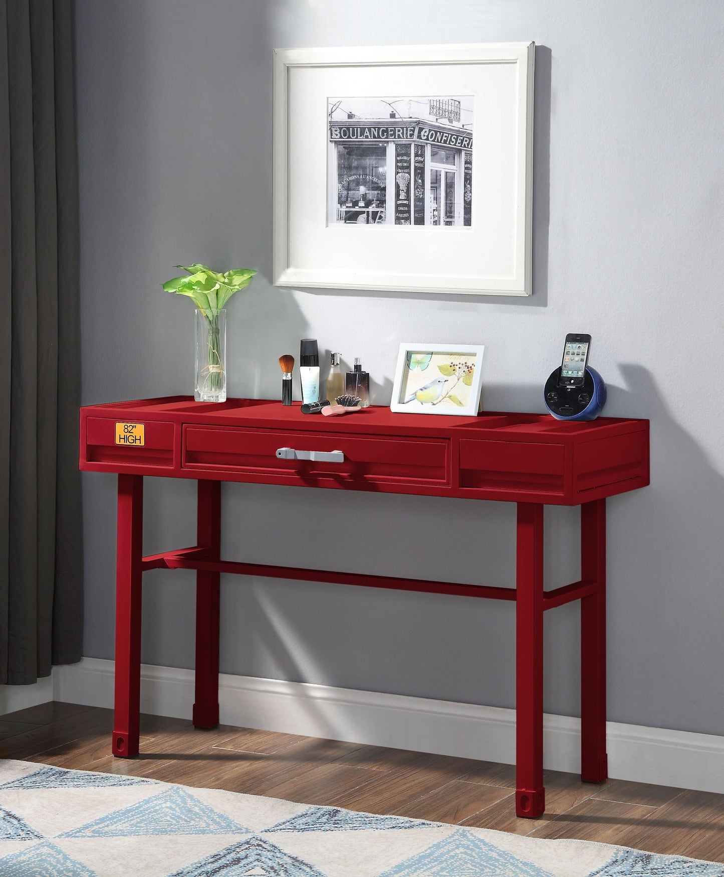 Red cargo vanity desk with functional storage drawers on Tampa Home & Garden Store