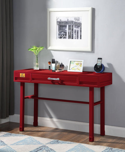 Red cargo vanity desk with functional storage drawers on Tampa Home & Garden Store