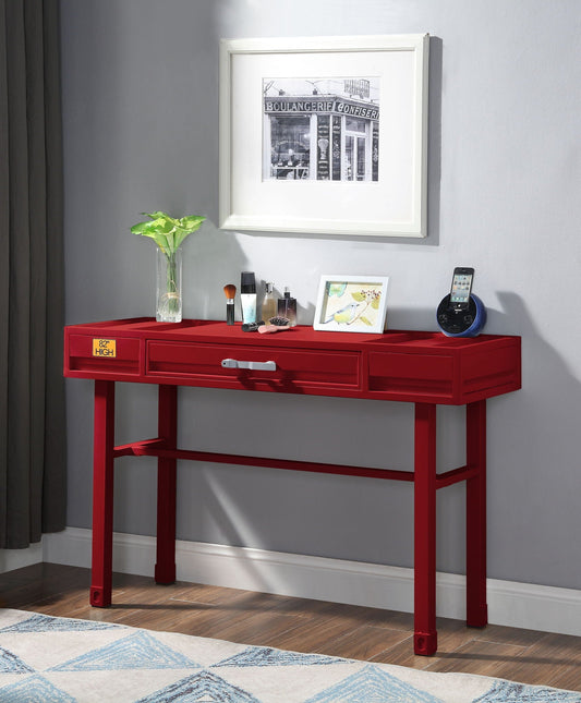 Red cargo vanity desk with functional storage drawers on Tampa Home & Garden Store