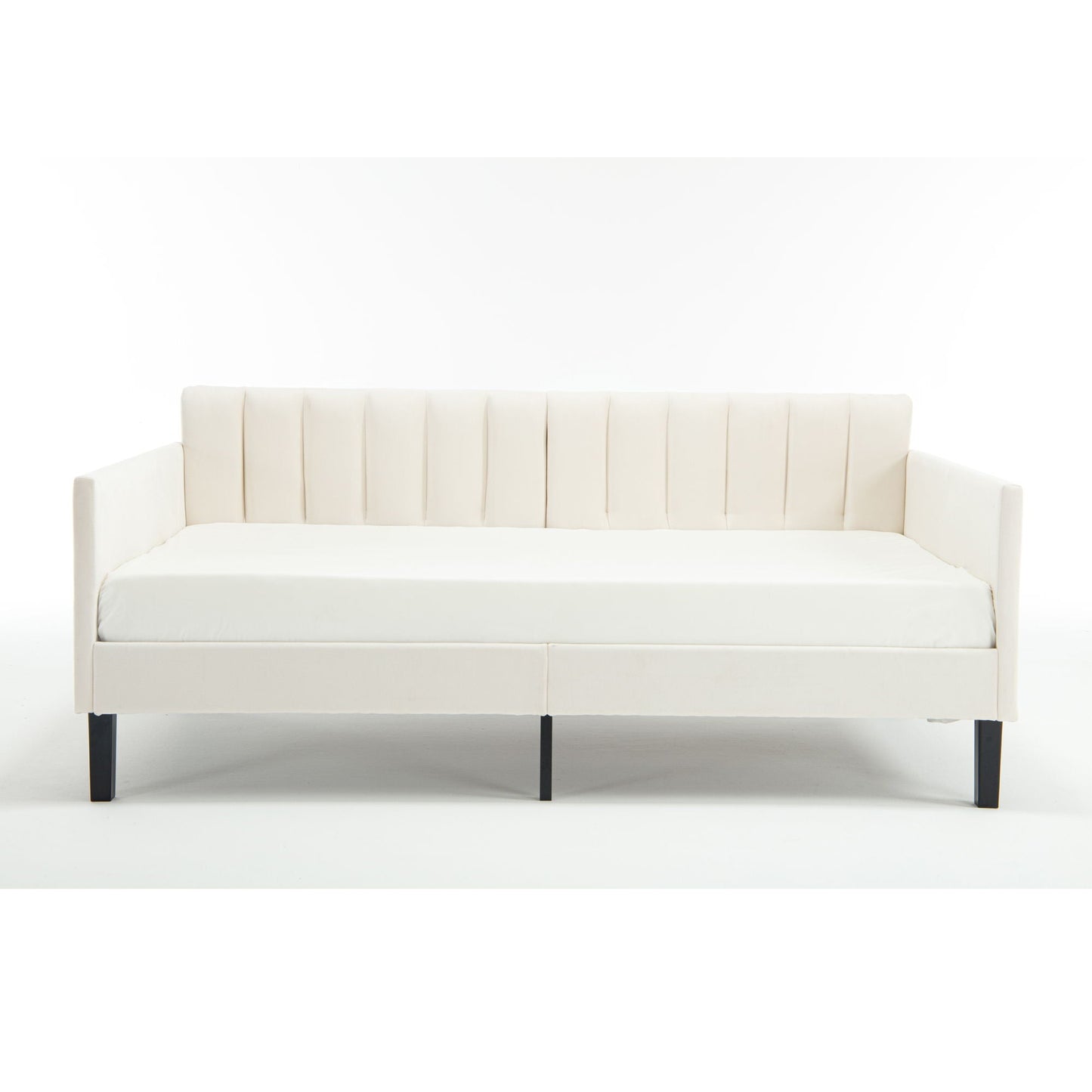 Elena Boucle Upholstered Daybed with ribbed tufted backrest in ivory fabric on black metal legs on Tampa Home & Garden Store