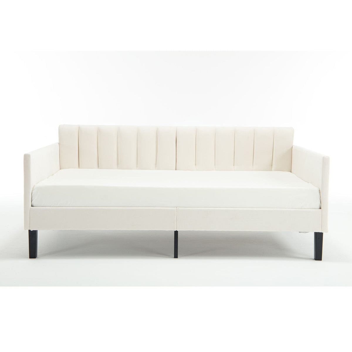Elena Boucle Upholstered Daybed with ribbed tufted backrest in ivory fabric on black metal legs on Tampa Home & Garden Store