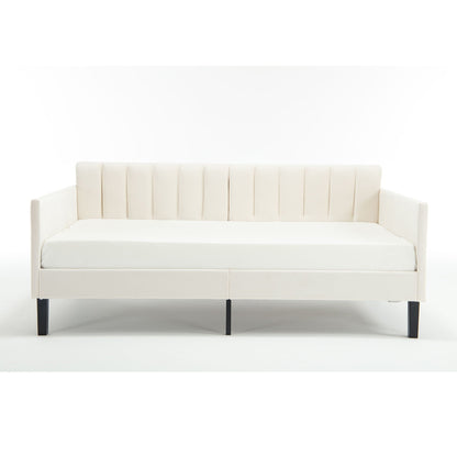 Elena Boucle Upholstered Daybed with ribbed tufted backrest in ivory fabric on black metal legs on Tampa Home & Garden Store