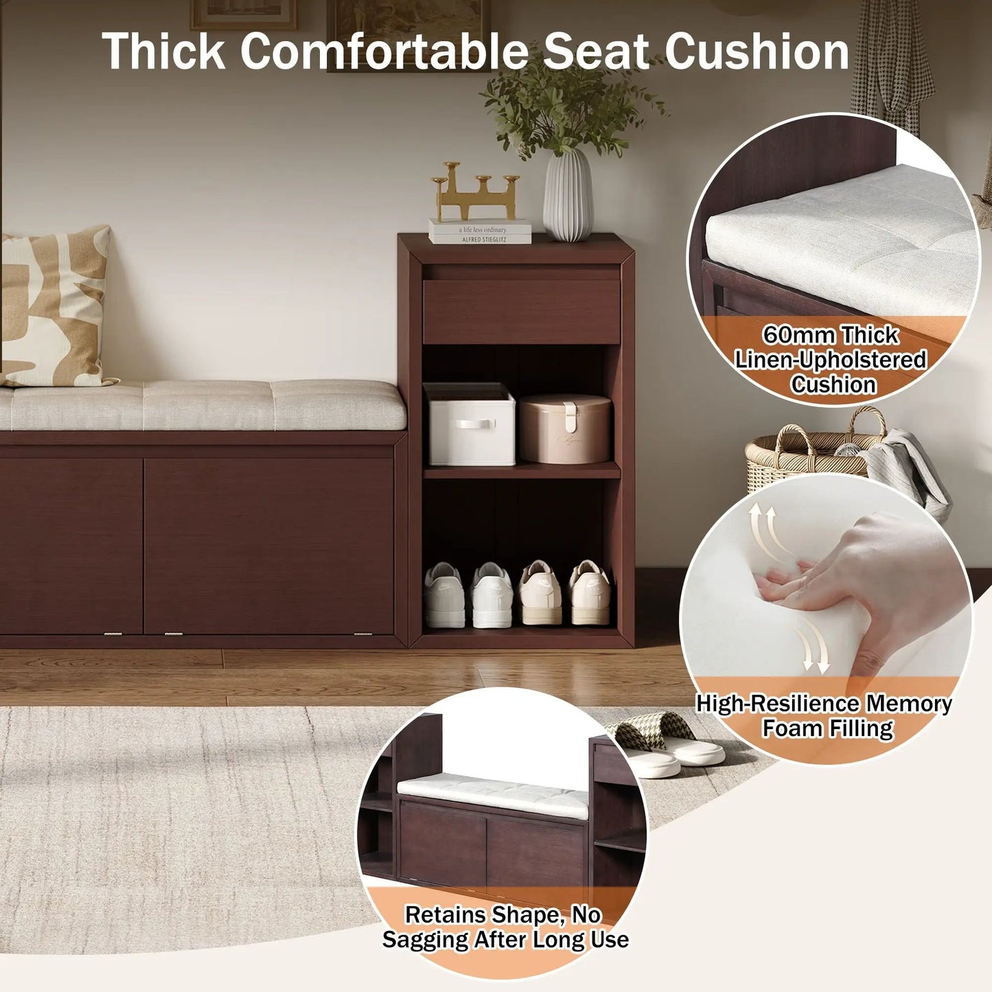 Entryway storage bench by Unique Piece Furniture in dark wood with cushioned seat and drawers on Tampa Home & Garden Store