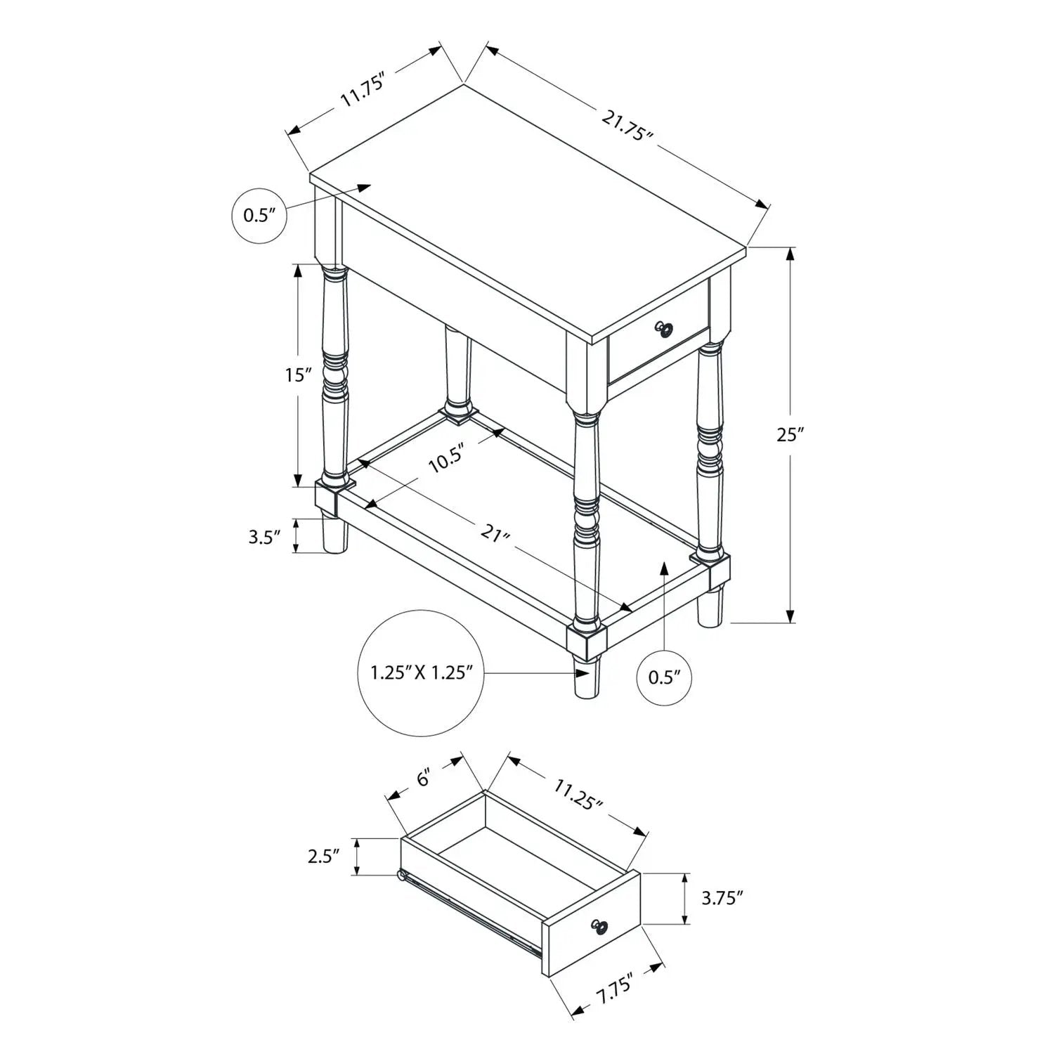 Accent End Table, 2-tier with drawer in traditional style; schematic with dimensions on Tampa Home & Garden Store