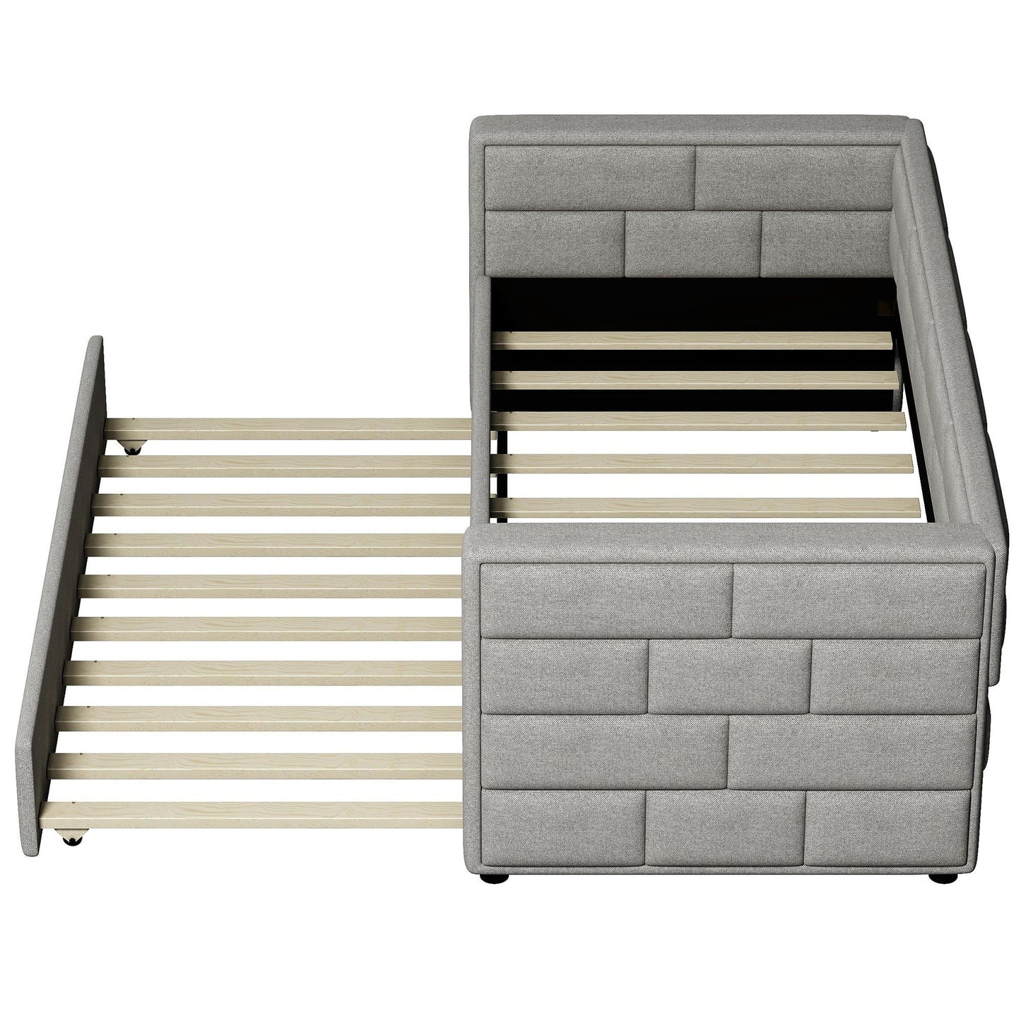 Upholstered twin daybed with trundle in gray fabric, padded back and sides, HouseOfZazla on Tampa Home & Garden Store
