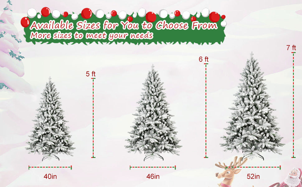 7ft flocked Christmas tree with 1514 tips HouseOfZazla; three sizes shown: 5–7 ft on Tampa Home & Garden Store