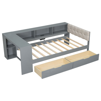 Upholstered headboard storage platform bed with shelves and drawers, gray HouseOfZazla on Tampa Home & Garden Store