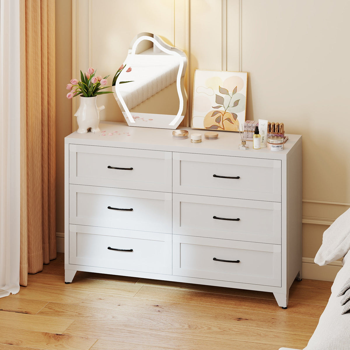 6 Drawer Dresser for Bedroom by HouseOfZazla, white with black handles, with tulips and art on Tampa Home & Garden Store