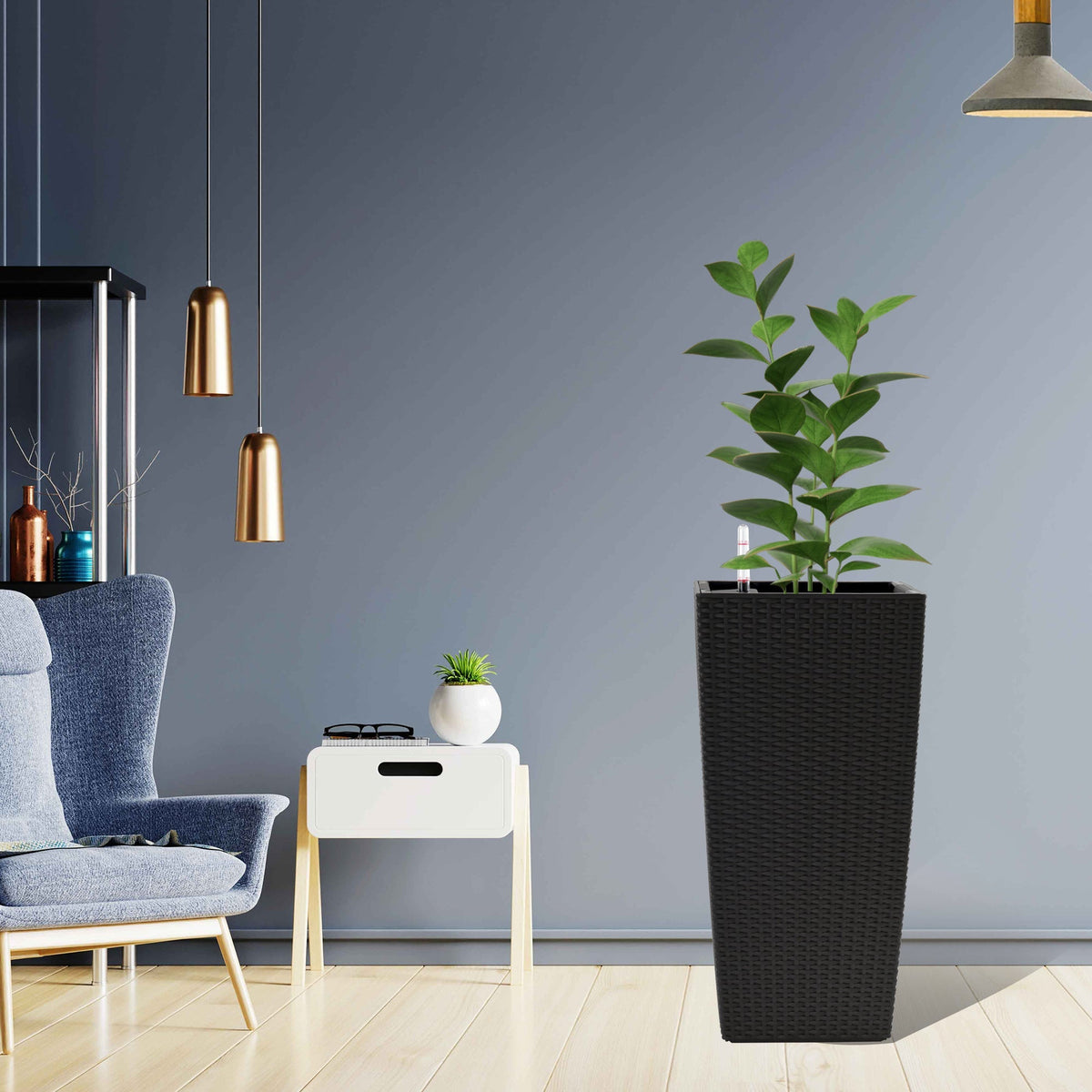 Pack of 2 black square planters with automatic watering system in woven texture on Tampa Home & Garden Store