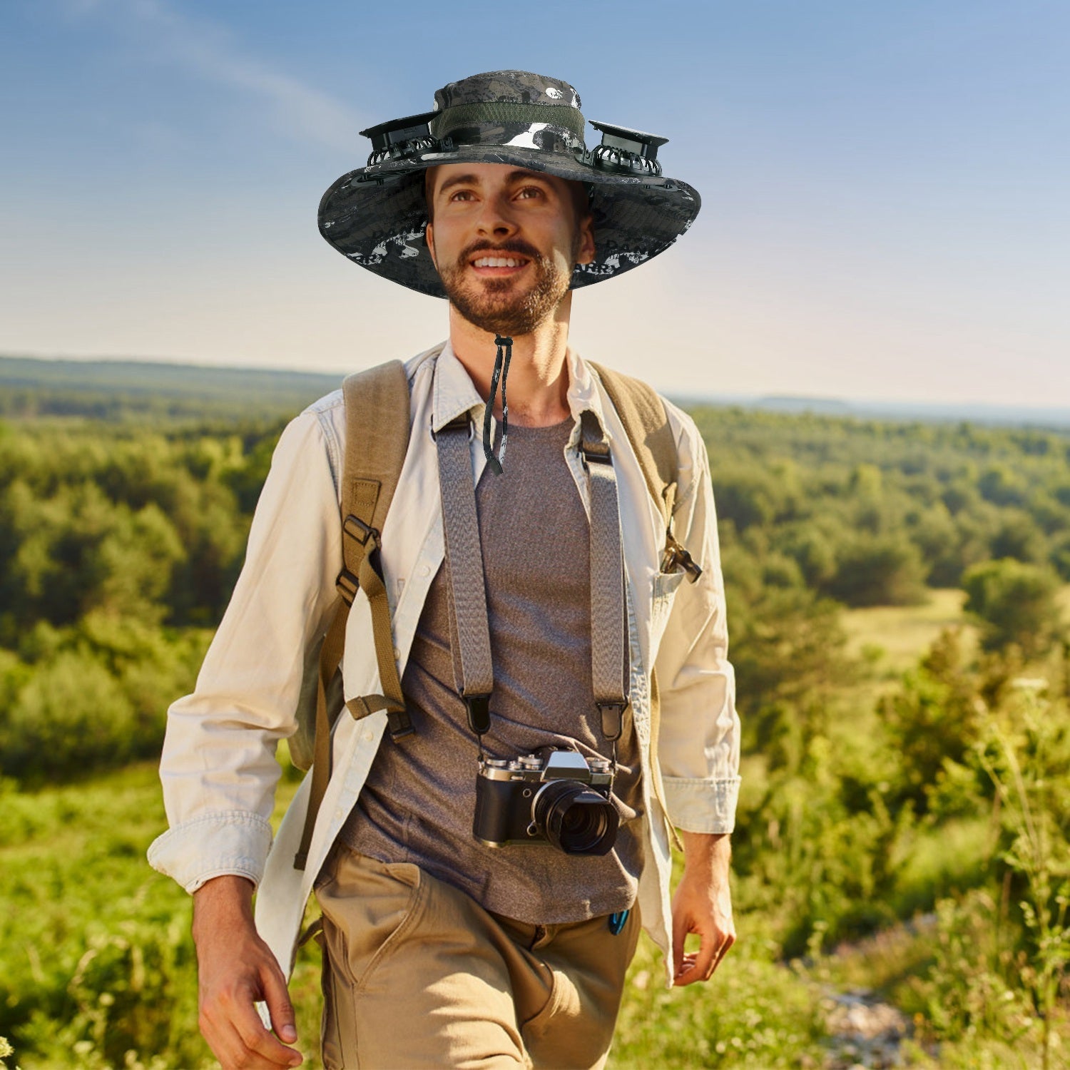 GemGear camo wide-brim sun hat with two rechargeable fans for hiking outdoors on Tampa Home & Garden Store