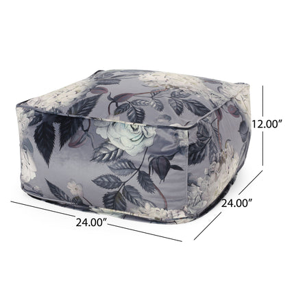 Large square accent pouf in gray floral fabric with dark leaves by HouseOfZazla on Tampa Home & Garden Store