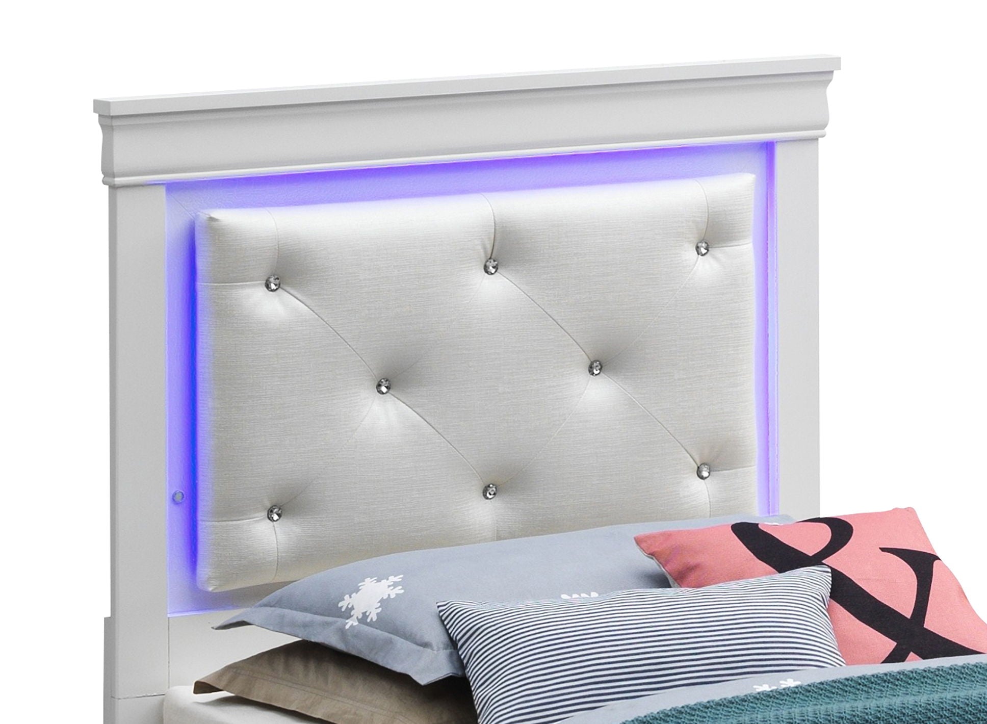 LED Elegant Bed upholstered headboard with tufted fabric and purple LED glow HouseOfZazla on Tampa Home & Garden Store