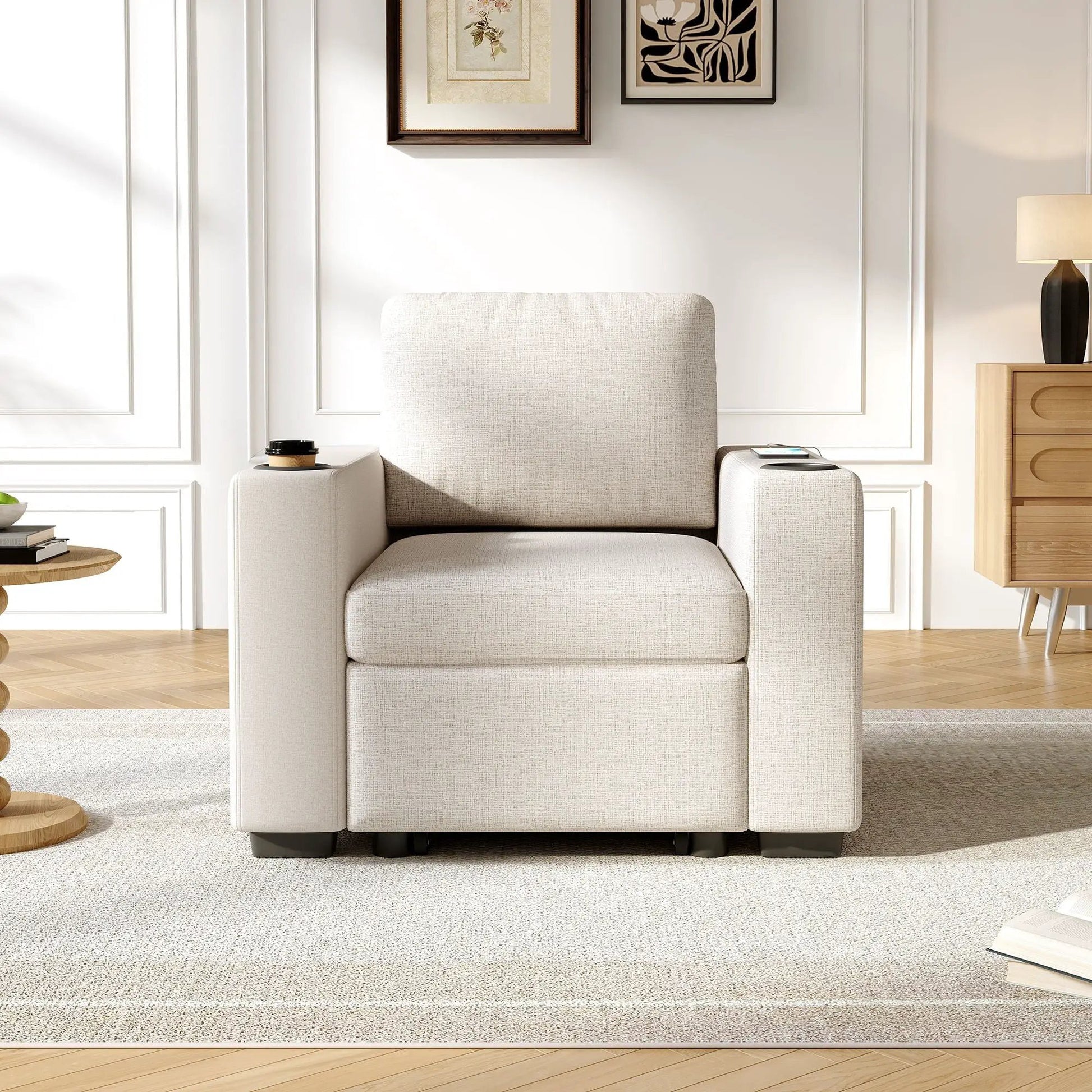 Single pull-out sofa bed in beige fabric with USB ports and cup holders Unique Piece Furniture on Tampa Home & Garden Store