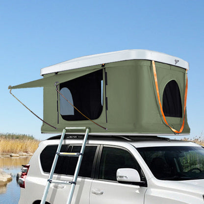 Roof-top camping tent on SUV with green fabric and white shell, ladder attached on Tampa Home & Garden Store