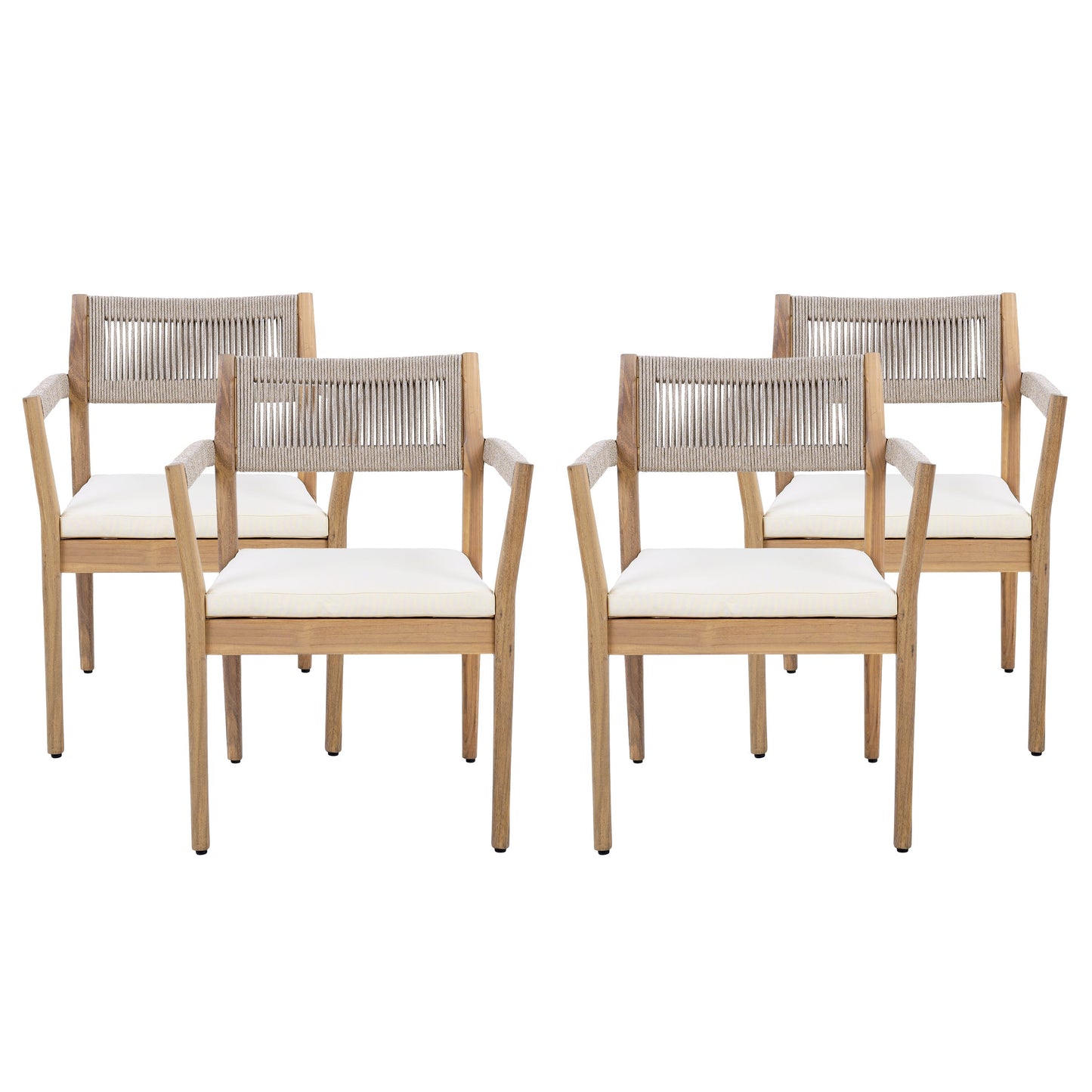  Four braided acacia wood outdoor dining chairs with beige rope and cream cushions, teak-look on Tampa Home & Garden Store