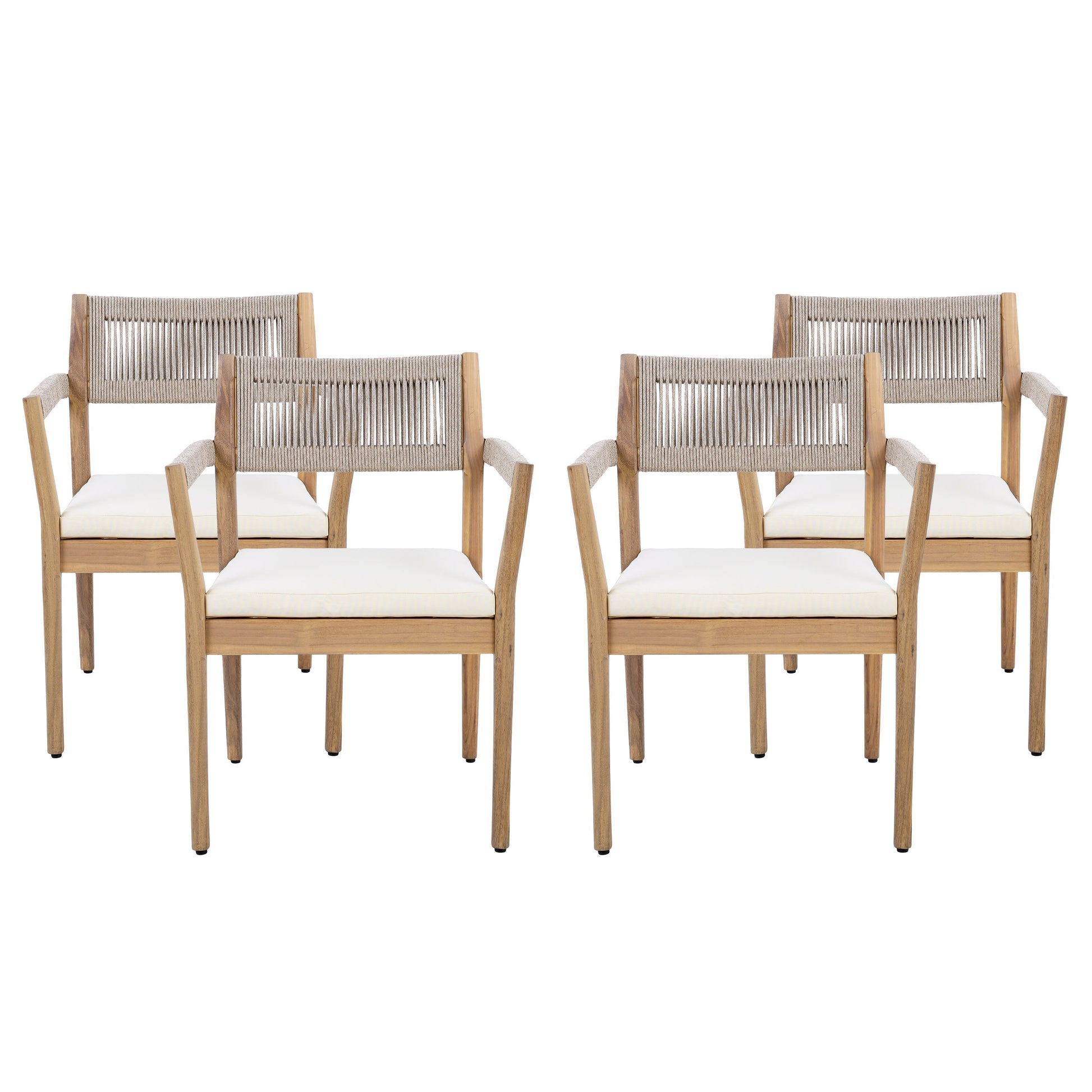  Four braided acacia wood outdoor dining chairs with beige rope and cream cushions, teak-look on Tampa Home & Garden Store