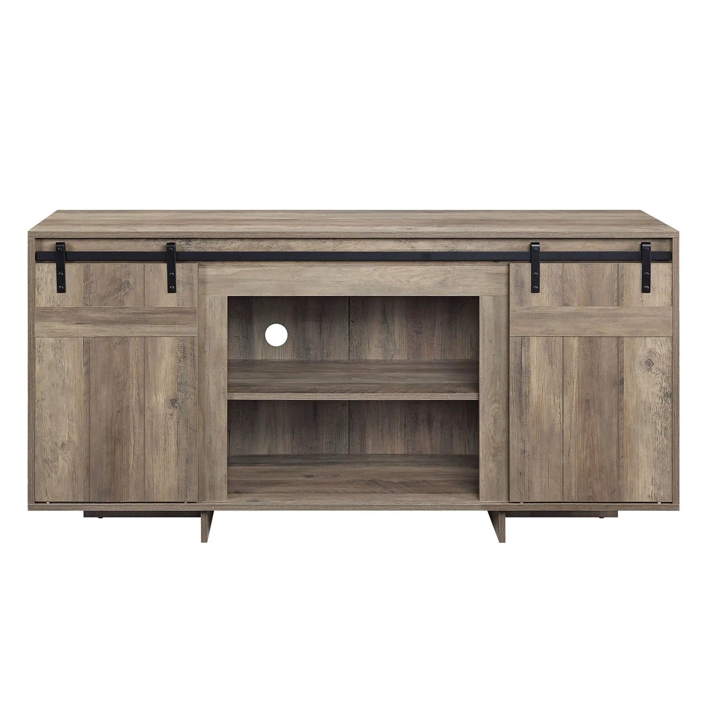 Bellarosa TV Stand by Unique Piece Furniture in rustic wood finish with black barn-door hardware on Tampa Home & Garden Store