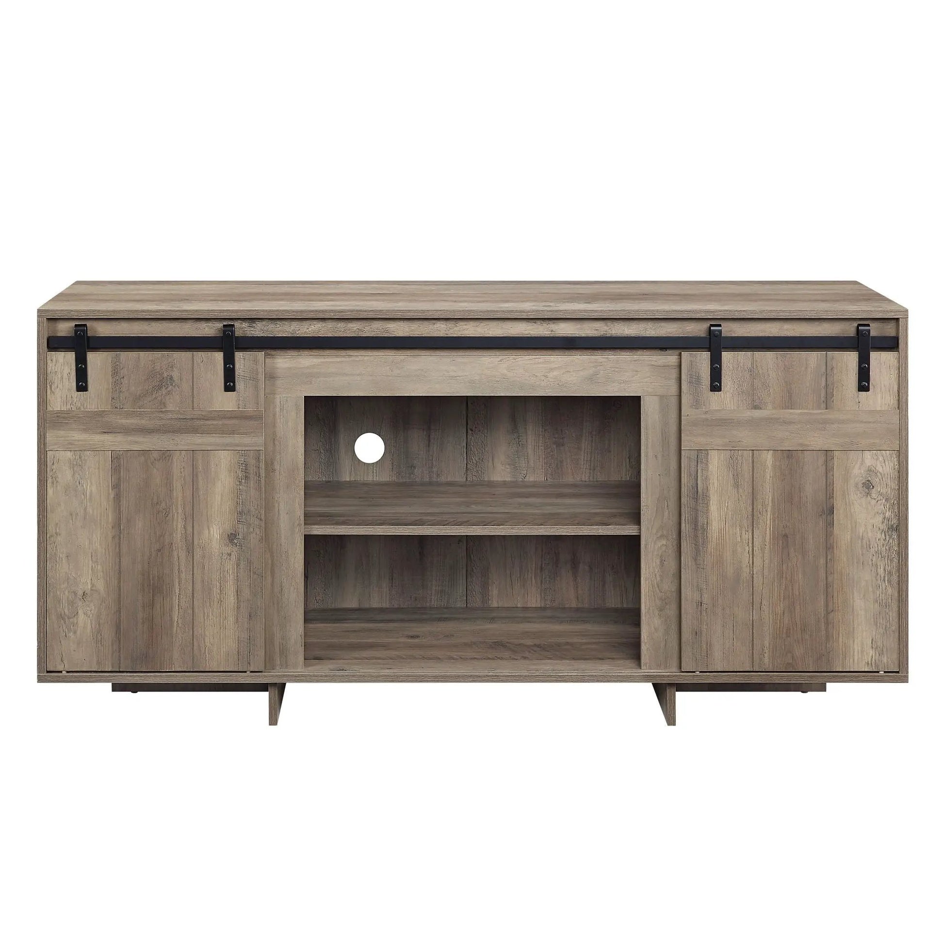 Bellarosa TV Stand by Unique Piece Furniture in rustic wood finish with black barn-door hardware on Tampa Home & Garden Store
