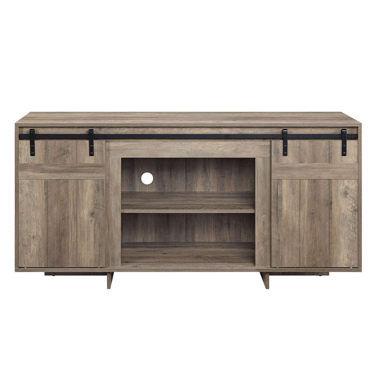 Bellarosa TV stand with sliding barn doors dark gray wood finish with black metal hardware on Tampa Home & Garden Store
