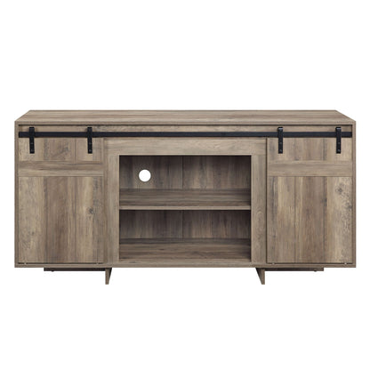 Bellarosa TV stand with sliding barn doors dark gray wood finish with black metal hardware on Tampa Home & Garden Store