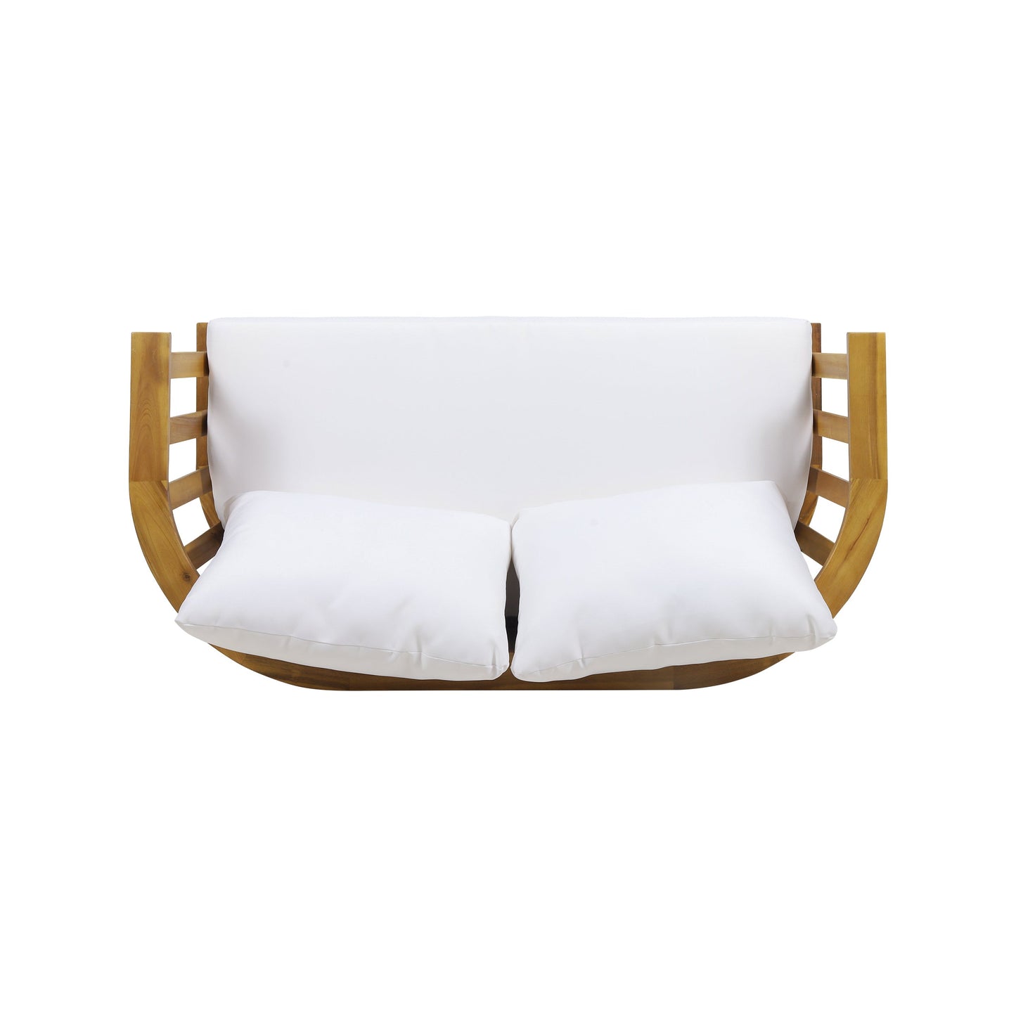2-Person outdoor Acacia wood patio seating group with white cushions and coffee table HouseOfZazla on Tampa Home & Garden Store