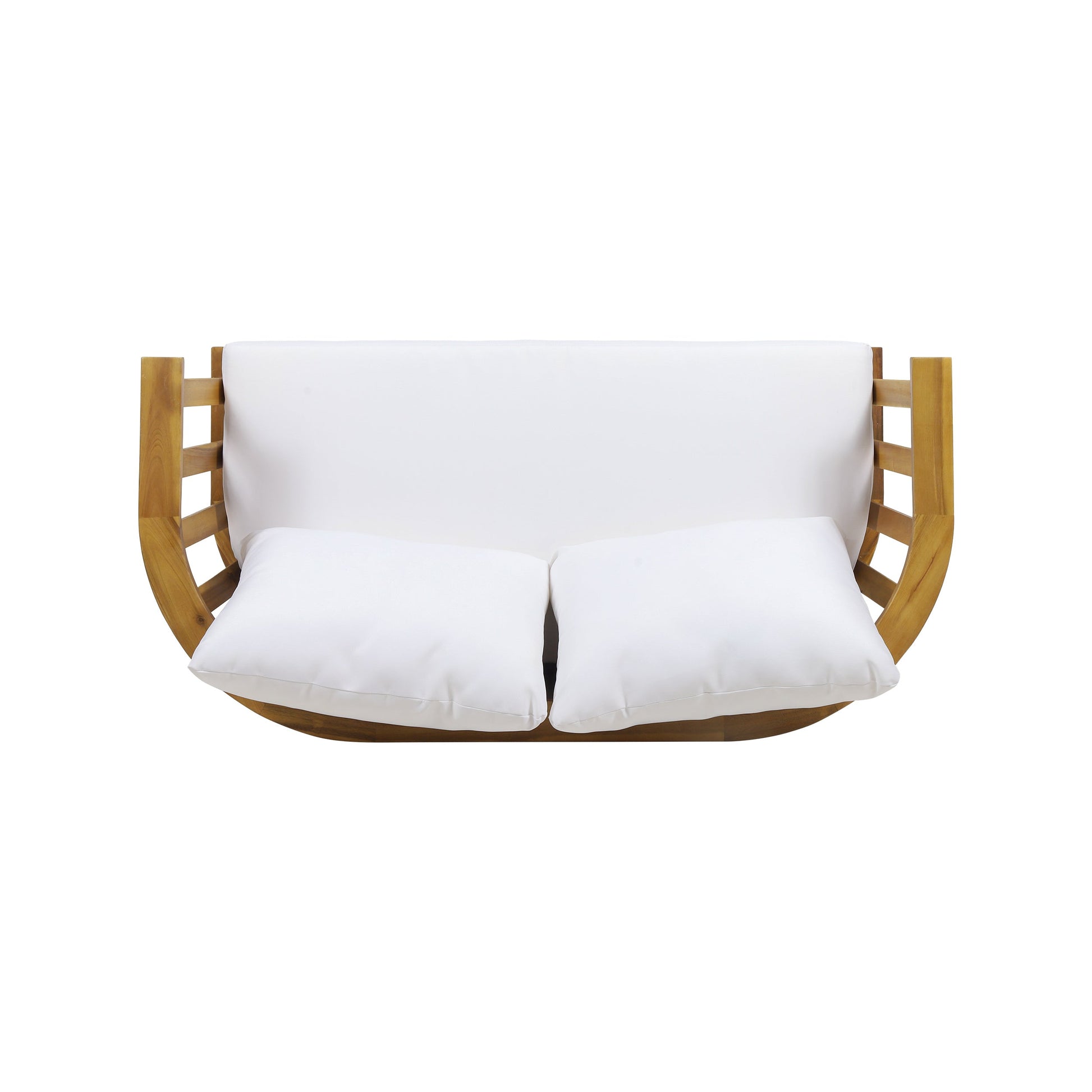 2-Person outdoor Acacia wood patio seating group with white cushions and coffee table HouseOfZazla on Tampa Home & Garden Store