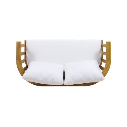 2-Person outdoor Acacia wood patio seating group with white cushions and coffee table HouseOfZazla on Tampa Home & Garden Store