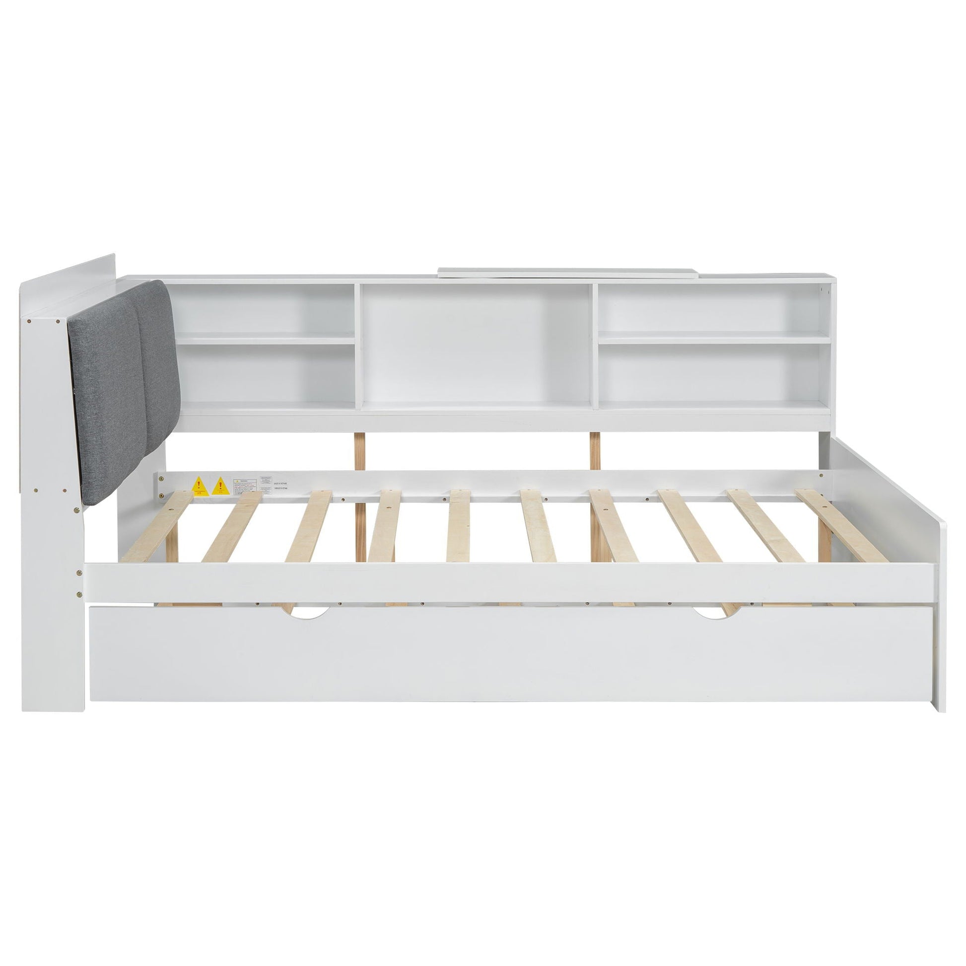 HouseOfZazla white platform bed with storage headboard, built-in shelves, and trundle on Tampa Home & Garden Store