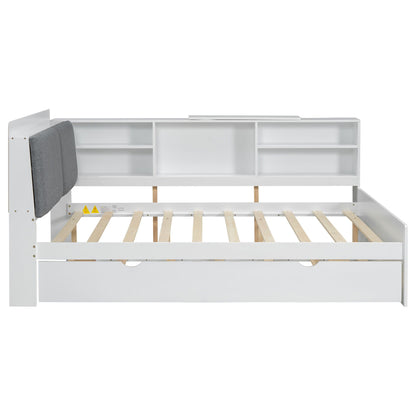 HouseOfZazla white platform bed with storage headboard, built-in shelves, and trundle on Tampa Home & Garden Store