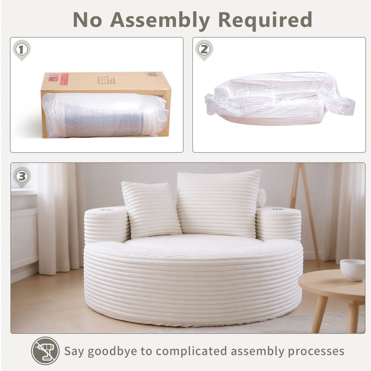 Round memory foam sofa bed by HouseOfZazla with white ribbed upholstery for living room on Tampa Home & Garden Store