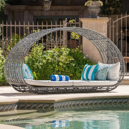Abigal wicker daybed with cushion, gray frame and teal striped pillows by HouseOfZazla on Tampa Home & Garden Store
