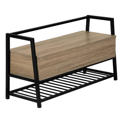 Storage bench with rectangular wood drawer front and black metal frame, contemporary design on Tampa Home & Garden Store